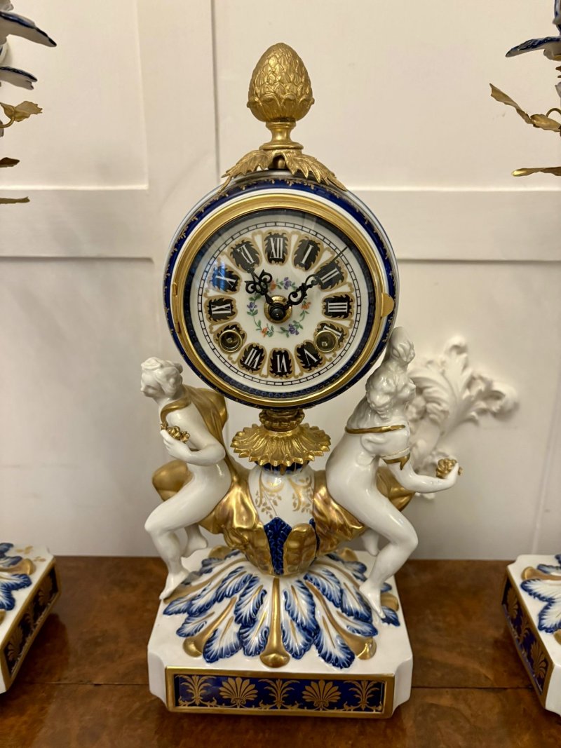 Outstanding Quality Large Antique Victorian French Porcelain and Gilded Metal Clock Set - Image 10